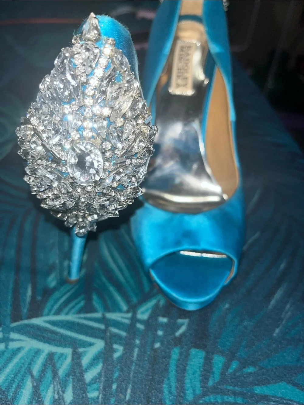 Badgley Mischka Turquoise Satin Peep-Toe Heels with Crystal Accent